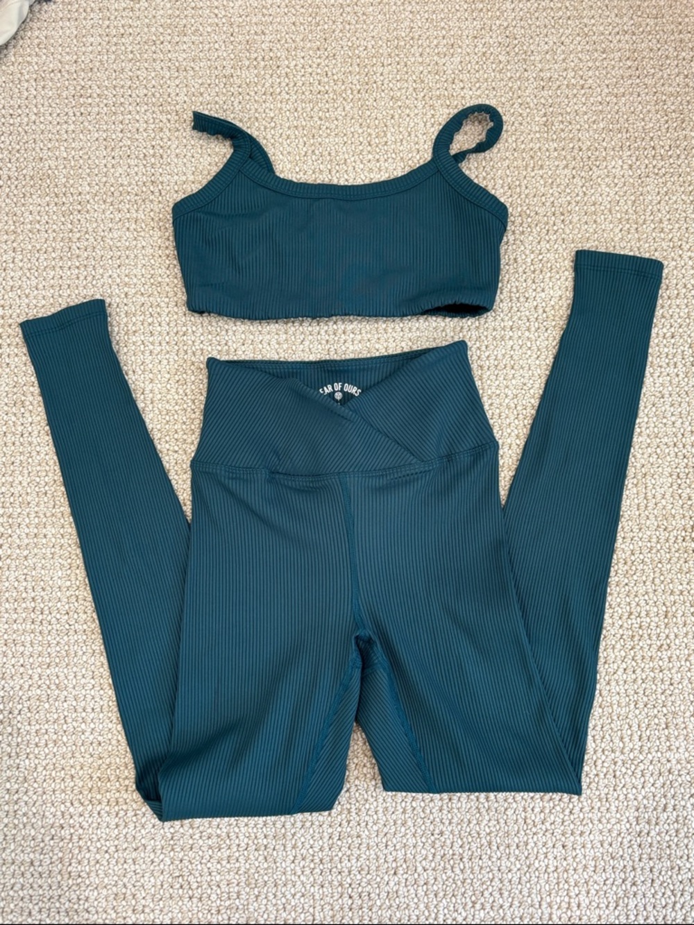 Year of Ours Teal Ribbed Sports Bra and Leggings Set